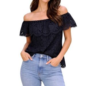 Olivia Grey Womens Navy Blue Floral Lace Off the Shoulder Ruffle Top Small